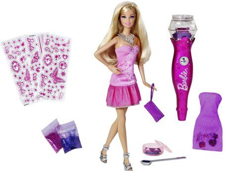 Mattel T7436 Barbie Loves Glitter Glam Vac and Doll, Create custom glitter design on outfits and accessories with easy clean up, Allows girls to create custom glitter designs on outfits, Girls can create matching glitter designs for their own clothes, Glitter Glam Vac cleans up excess and stores it in the gem top, Includes Barbie, Glitter Glam Vac tool, stickers, glitter, storage case and more (T74-36 T74 36 T7-436 T-7436)