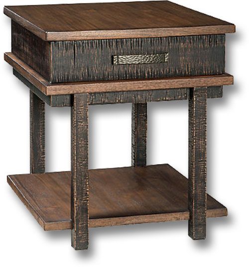 Ashley T892-3 Stanah End Table; Qualifies for Free Standard Shipping; Made of veneers, wood and engineered wood; Two-tone treatment; Heavily textured distressing; Assembly required; Smooth-gliding drawer; Hammered-style metal pull; Dimensions 28.5