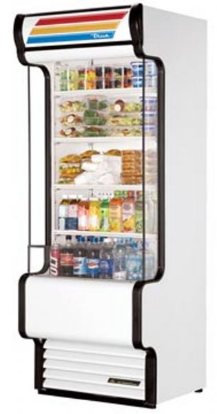 True TAC-30GS Glass Sided Vertical Air Curtain, 4 Shelves, 25.5 Cu. Ft. Capacity, 1/2 HP, 14.3 Amps, 4 Adjustable heavy duty, PVC coated wire shelves, Non-peel or chip white laminated vinyl exterior, durable and permanent, White aluminum interior with 300 series stainless steel floor and deck pans, Designed for convenient access, fast service, and attractive display (TAC 30GS TAC30GS TAC30 GS TAC30-GS)