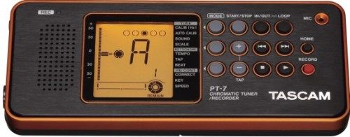 Tascam PT-7 Combination Chromatic Tuner, Metronome and Memo Recorder, High-speed chromatic tuner, Calibration option, Oscillator out function, 8 musical scales (12-note equal temperament, Pythagorean, Mean Tone, Werckmeister III, Kirnberger III, Kellner, Vallotti, Young), On-screen display ideal for students' 