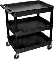 Luxor TC111-B Large Tub Cart with 3 Shelves, Black; Made of high density polyethylene structural foam molded plastic shelves and legs that won't stain, scratch, dent or rust; Retaining lip around the back and sides of flat shelves; Includes four heavy duty 4" casters, two with brake; Has a push handle molded into the top shelf; UPC 812552016664 (TC111B TC111 TC-111-B T-C111-B) 