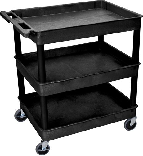 Luxor TC111-B Large Tub Cart with 3 Shelves, Black; Made of high density polyethylene structural foam molded plastic shelves and legs that won't stain, scratch, dent or rust; Retaining lip around the back and sides of flat shelves; Includes four heavy duty 4