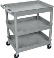 Luxor TC111-G Large Tub Cart with 3 Shelves, Gray; Made of high density polyethylene structural foam molded plastic shelves and legs that won't stain, scratch, dent or rust; Retaining lip around the back and sides of flat shelves; Includes four heavy duty 4" casters, two with brake; Has a push handle molded into the top shelf; UPC 847210006145 (TC111G TC111 TC-111-G T-C111-G) 
