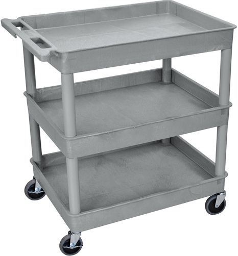 Luxor TC111-G Large Tub Cart with 3 Shelves, Gray; Made of high density polyethylene structural foam molded plastic shelves and legs that won't stain, scratch, dent or rust; Retaining lip around the back and sides of flat shelves; Includes four heavy duty 4