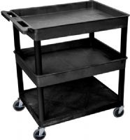 Luxor TC112-B Large Tub Top/Middle & Flat Bottom Shelf Cart, Black; Made of high density polyethylene structural foam molded plastic shelves and legs that won't stain, scratch, dent or rust; Retaining lip around the back and sides of flat shelves; Includes four heavy duty 4" casters, two with brake; UPC 847210007333 (TC112B TC112 TC-112-B T-C112-B) 