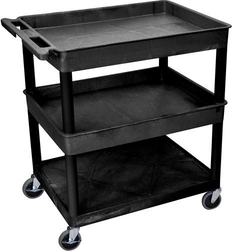 Luxor TC112-B Large Tub Top/Middle & Flat Bottom Shelf Cart, Black; Made of high density polyethylene structural foam molded plastic shelves and legs that won't stain, scratch, dent or rust; Retaining lip around the back and sides of flat shelves; Includes four heavy duty 4