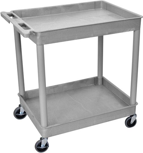 Luxor TC11-G Large Tub Cart with 2 Shelves, Gray; Made of high density polyethylene structural foam molded plastic shelves and legs that won't stain, scratch, dent or rust; Retaining lip around the back and sides of flat shelves; Includes four heavy duty 4