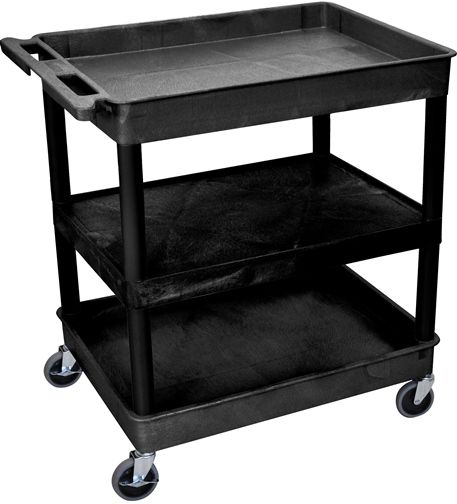 Luxor TC121-B Large Tub Top/Bottom & Flat Middle Shelf Cart, Black; Made of high density polyethylene structural foam molded plastic shelves and legs that won't stain, scratch, dent or rust; Retaining lip around the back and sides of flat shelves; Includes four heavy duty 4
