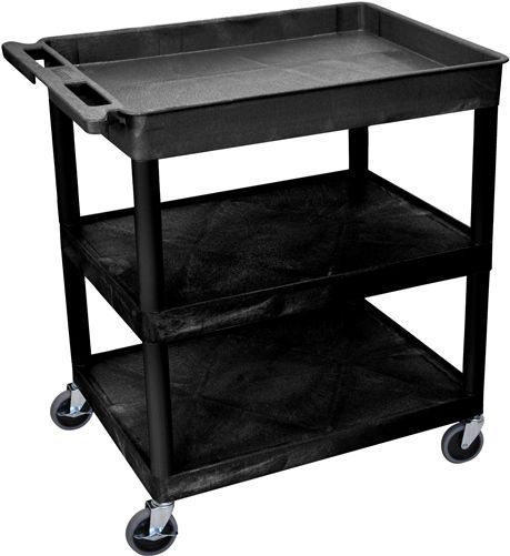 Luxor TC122-B Large Tub Top & Flat Middle/Bottom Shelf Cart, Black; Made of high density polyethylene structural foam molded plastic shelves and legs that won't stain, scratch, dent or rust; Retaining lip around the back and sides of flat shelves; Includes four heavy duty 4