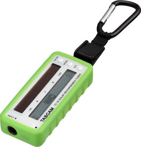 Tascam TC-1SGN Solar Rechargeable Instrument Tuner, Green; Chromatic tuner; Solar-powered battery charging; USB input for battery charging; 1/4