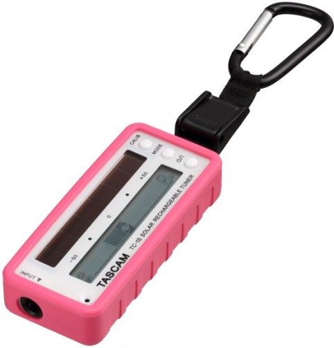 Tascam TC-1SPK Solar Rechargeable Instrument Tuner, Pink; Chromatic tuner; Solar-powered battery charging; USB input for battery charging; 1/4