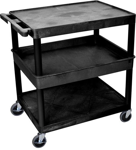 Luxor TC212-B Large Flat Top/Bottom & Tub Middle Shelf Cart, Black; Made of high density polyethylene structural foam molded plastic shelves and legs that won't stain, scratch, dent or rust; Retaining lip around the back and sides of flat shelves; Includes four heavy duty 4