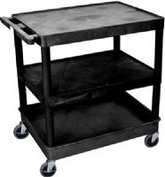 Luxor TC221-B Large Flat Top/Middle & Tub Bottom Shelf Cart, Black; Made of high density polyethylene structural foam molded plastic shelves and legs that won't stain, scratch, dent or rust; Retaining lip around the back and sides of flat shelves; Includes four heavy duty 4" casters, two with brake; UPC 847210015352 (TC221B TC221 TC-221-B T-C221-B) 