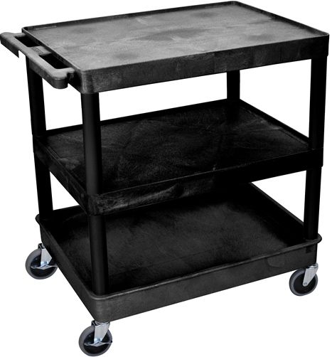 Luxor TC221-B Large Flat Top/Middle & Tub Bottom Shelf Cart, Black; Made of high density polyethylene structural foam molded plastic shelves and legs that won't stain, scratch, dent or rust; Retaining lip around the back and sides of flat shelves; Includes four heavy duty 4