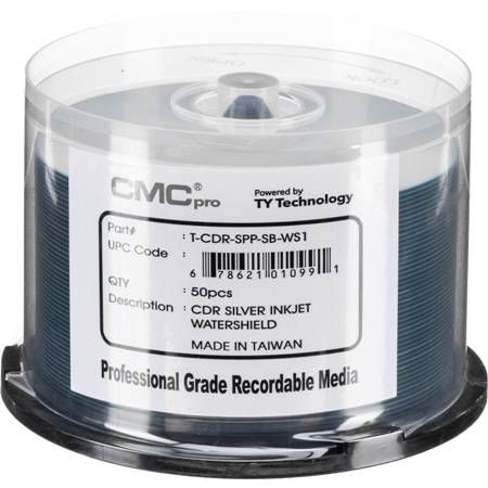 Microboards TCDR-SPP-SB-WS1 CMC Pro Professional Grade CD-R Media, Up to 52X Maximum Record Speed, 80 Minutes/700 MB Capacity, Water Shield Silver Inkjet Hub-Printable, All Forms of Audio and Data Writes, Zero Wave Distortion, Lowest Jitter Levels, Estimated 100 Year Data Integrity, 50 Disc Cakebox, UPC 678621010991 (TCDRSPPSBWS1 TCDR-SPPSB-WS1 TCDRSPP-SBWS1 TCDRSPP-SB-WS1 TCDR-SPP-SBWS1)