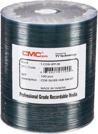 Microboards TCDR-SPP-SK CMC Pro Professional Grade CD-R Media, Up to 52X Maximum Record Speed, 80 Minutes/700 MB Capacity, Silver Inkjet Hub-Printable, All Forms of Audio and Data Writes, Zero Wave Distortion, Lowest Jitter Levels, Estimated 100 Year Data Integrity, 100 Disc Tape Wrap, UPC 678621011004 (TCDRSPPSK TCDRSPP-SK TCDR-SPPSK)