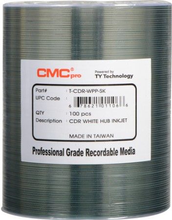 Microboards TCDR-WPP-SK CMC Pro Professional Grade CD-R Media, Up to 52X Maximum Record Speed, 80 Minutes/700 MB Capacity, White Inkjet Hub-Printable, All Forms of Audio and Data Writes, Zero Wave Distortion, Lowest Jitter Levels, Estimated 100 Year Data Integrity, 100 Disc Tape Wrap, UPC 678621011066 (TCDRWPPSK TCDRWPP-SK TCDR-WPPSK)