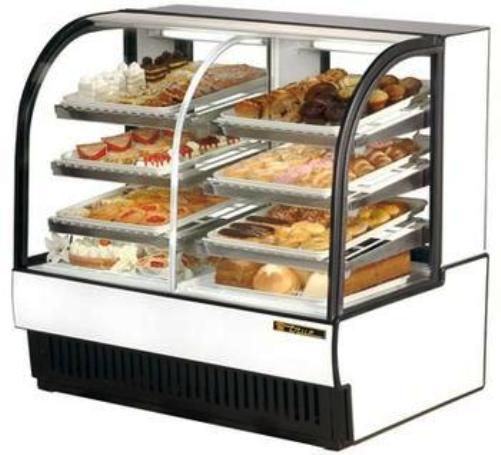 True TCGDZ-50 Curved Glass Dual Zone Dry/Refrigerated Bakery Case, 27 Cu.Ft. Capacity (13.5 Refrig/13.5 Dry), 2 Slide Doors, 6 Shelves, 1/3 HP, 115/60/1 Voltage, 14.0 Amps, Insulated, double pane curved glass front and side panels, Provides extra large viewing area to maximize bakery product presentation (TCGDZ 50 TCGDZ50) 