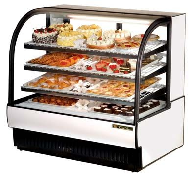 True TCGR-50 Curved Glass Display Case - Refrigerated Bakery, Doors : 2, Capacity : 27.4 Cu. Ft., Shelves : 3, Dimensions : 50-7/8L x 35-1/2D x 47-7/8H, HP : 1/2, Amps : 15.2, Voltage : 115/60/1, 2 Positive seal self-closing, energy efficient glass slide rear doors, 3 Adjustable, heavy duty wire shelves support up to 150 lbs. each (TCGR 50   TCGR50)