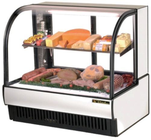 True TCGR-50-CD; Curved Glass Display Case - Cold Deli, 27.4 Cu.Ft., One adjustable, cantilevered, lighted, stainless mezzanine shelf; 5 amp exterior scale receptacle; HP: 1/2; Voltage: 115/60/1; Amps: 15.2 (TCGR50CD TCGR-50CD TCGR50-CD TCGR-50C TCGR-50 TCGR50)
