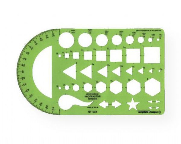 Alvin TD1034 General Purpose Protractor Template; Contains circles, squares, triangles, hexagons, star, curve, arrowheads, and protractor; Size range from .125