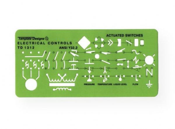 Alvin TD1312 Electrical Controls Template; Contains standard symbols used in machinery and automation circuits; Size: 3.75
