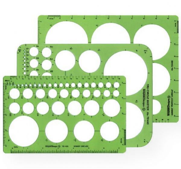 Alvin TD404 Circle Guide Template Set; Contains 98 circles on three templates (Nos; TD435, TD445, and TD495); Size range from 1/32