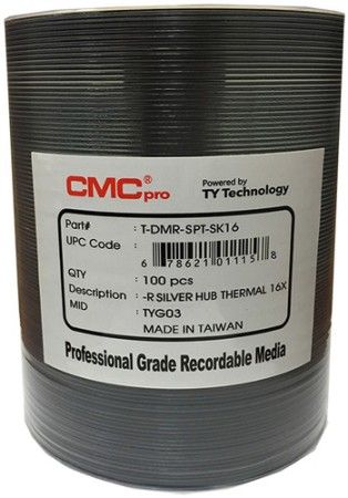 Microboards TDMR-SPT-SK16 CMC Pro Professional Grade DVD-R Media, Up to 16X Maximum Record Speed, 4.7GB Capacity, Silver Everest Thermal Hub-Printable, All Forms of Audio and Data Writes, Zero Wave Distortion, Lowest Jitter Levels, Estimated 50 Year Data Integrity, 100 Disc Tape Wrap, UPC 678621011158 (TDMRSPTSK16 TDMRSPT-SK16 TDMR-SPTSK16)