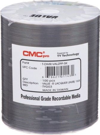 Microboards TDMR-VALZPP-SK CMC Pro Professional Grade Valueline DVD-R Media, Up to 16X Maximum Record Speed, 4.7GB Capacity, Shiny Silver Lacquer Hub-Printable, All Frms of Audio and Data Writes, Zero Wave Distortion, Lowest Jitter Levels, Estimated 50 Year Data Integrity, 100 Disc Tape Wrap, UPC 678621011431 (TDMRVALZPPSK TDMRVALZPP-SK TDMR-VALZPPSK)