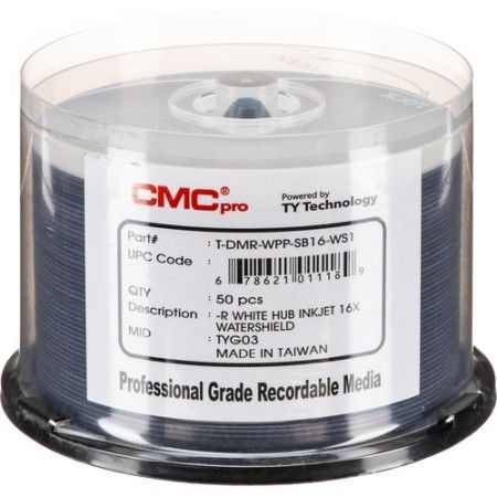 Microboards TDMR-WPP-SB16-WS CMC Pro Professional Grade DVD-R Media, Up to 16X Maximum Record Speed, 4.7GB Capacity, Water Shield White Inkjet Hub-Printable, All Forms of Audio and Data Writes, Zero Wave Distortion, Lowest Jitter Levels, Estimated 50 Year Data Integrity, 50 Disc Cakebox, UPC 678621011189 (TDMRWPPSB16WS TDMR-WPPSB16-WS TDMRWPP-SB16WS TDMRWPP-SB16-WS TDMR-WPP-SB16WS)