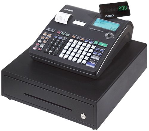 Casio TE-1500 Mid Line Thermal Cash Register, Compact & Sleek cabinet design, 30 departments, Scanning (max. 2,000 items), Inventory Control on scanning PLU's, Clerks (50), Operator LCD display with 2 line Alpha/1 line numeric, Dual station thermal printer (58mm) with drop & load paper loading (TE1500 TE 1500 TE-150 TE150)