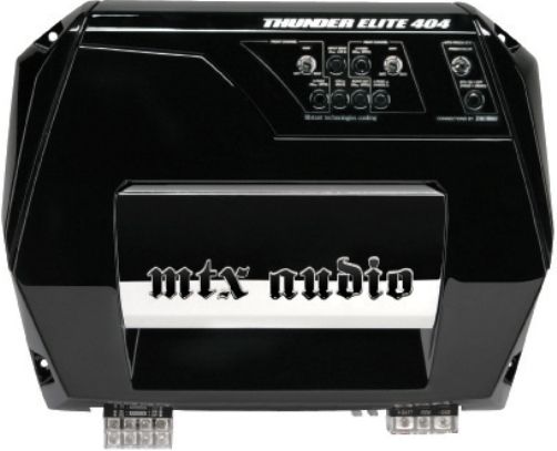 MTX Audio TE404 Thunder Elite 4-Channel Amplifier, 4 Ohms RMS Power Output 65W x 4, Signal-to-noise Ratio (1 Watt) 78dB, 2 Ohms RMS Power Output 100W x 4, THD+N (Distortion) (1 Watt) less than 0.25%, Frequency Response (-3dB) 20Hz-20kHz, Maximum Sensitivity 100mV, Maximum Input Signal 10V, Patented Smart Engage Technology, UPC 715442241255 (TE-404 TE 404)