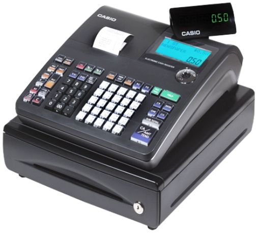 Casio TE-900 Mid Line Thermal Cash Register, Compact & Sleek cabinet design, 25 departments, Scanning (max. 2,000 items), Inventory Control on scanning PLU's, Clerks (40), Operator LCD display with 2 line Alpha/1 line numeric, Single station thermal printer with drop & load paper loading (TE900 TE 900 TE-90 TE90)