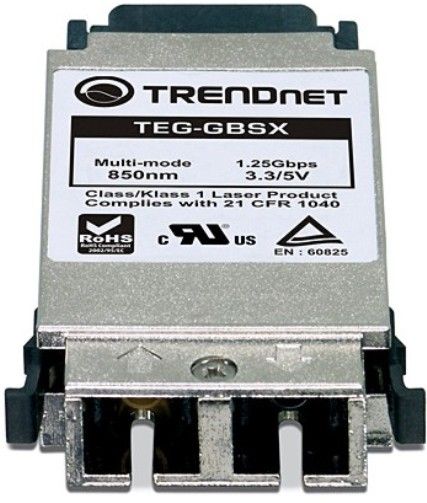 TRENDnet TEG-GBSX GBIC Multi-Mode SX Module, Wavelenght 850nm, Power Budget -9.5 ~ -3dBm, Sensitivity -18, Power 9dBm, GBIC module for multi-mode fiber with an SC connector-type, For distances up to 550m, Designed to connect with a standard GBIC slot, Compliant with Gigabit Interface Converter Specification SFF-8053, REV 5.5 (TEG GBSX TEGGBSX TEG-GBS TEG-GB TEG-G TEGGBS TEGGB TEGG TEG Trendware)