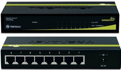 TRENDnet TEG-S80g Five-Port Gigabit GREENnet Switch, 8 x 10/100/1000Mbps Auto-Negotiation, Auto-MDIX Gigabit Ethernet ports, Store-and-Forward switching architecture with non-blocking wire-speed performance, IEEE 802.3x Flow Control for full-duplex mode, Back pressure Flow Control for half-duplex mode, Sturdy metal housing (TEGS80G TEG S80G)
