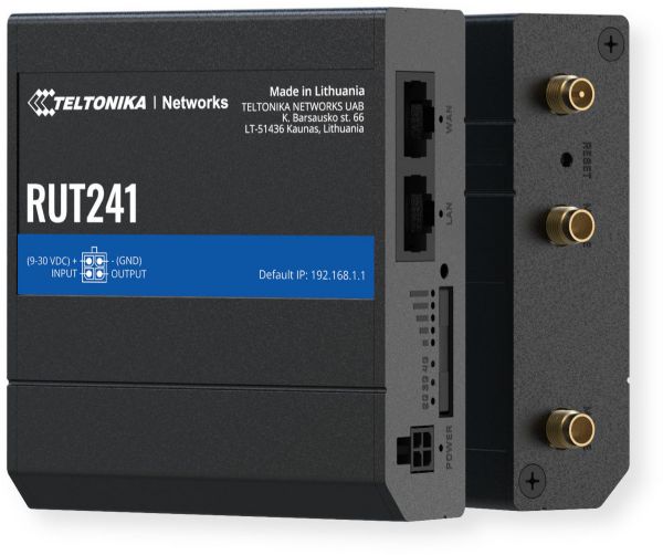 Teltonika RUT241098000 Model RUT241 Industrial Cellular Router; For use with USA Carriers (Verizon, AT&T, and T-Mobile); 4G LTE (Cat 4), and 3G Connectivity; Wireless Access Point with Hotspot Functionality; WAN Failover with Automatic Switching to Available Backup Connection; RMS For Remote Management; Aluminum Housing, Plastic Panels; Overall Dimensions: 3.26