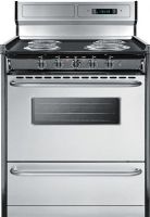 Summit TEM230BKWY Freestanding Electric Range with Manual Clean, Electronic Ignition and Clock with Timer, Stainless Steel, 30" Capacity, Electronic Ignition, 1 x 8", 3 x 6" Coil Elements, Black Porcelain Top, Stainless Steel Oven and Storage Door, Chrome Handle, Drop down door / storage beneath oven (TEM-230BKWY TEM 230BKWY) 