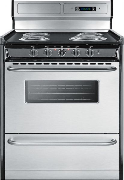 Summit TEM230BKWY Freestanding Electric Range with Manual Clean, Electronic Ignition and Clock with Timer, Stainless Steel, 30