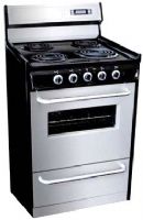Summit TEM630BKWY, 24" Stainless Steel Electric Range w/ Deluxe 8" backguard, Finished black, Chrome handle, Oven window with light, Clock with timer, Dimensions 44"×24"×24" (TEM630BKWY TEM630-BKWY TEM-630BKWY TEM630 BKWY) 