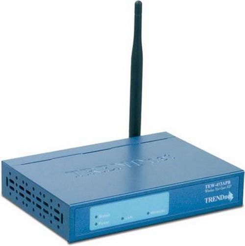 TRENDnet TEW-453APB; Hot-Spot Access Point 108Mbps 802.11g, One 2dBi Detachable Antenna with Reverse SMA Connector, LED Indicators: Power, Status, LAN and WLAN; Console Port: RS232 Port (DB9); Protocols: TCP/IP, NetBEUI, ARP, DHCP Client, HTTP, NTP, RADIUS, WINS, Telnet, FTP, HTTPs, SSL (TEW 453APB TEW453APB TEW-453AP TEW-453A TEW-453 TEW453AP TEW453A TEW453 Trendware)