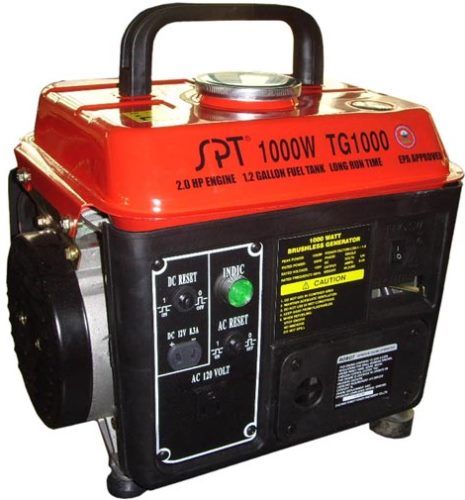 Sunpentown TG-1000 Power Generator, 2 cycle gas / oil mix (30/1), 120 volt 60Hz 7 Amp AC output, Recoil handle (manual) start, 2.0HP two stoke 63cc EPA certified, 12 Volt 8.3 Amp DC output, 900 running watts 1000 peak watts, Circuit protecting device, Circuit breaker, 1.2 gallon fuel tank, Up to 6 hours running time per full tank, UPC 876840001183 (TG1000 TG 1000)