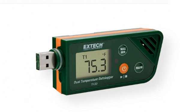 Extech TH30 USB Dual Temperature Datalogger; Compact size housing with built in NTC thermistor and external temperature probe designed with standard USB connector for easy data downloading to a PC; 5 digit LCD display with battery life indicator; User programmable settings 6 languages, sample rate, start delay time, alarm delay time, high low alarm range, and security feature; UPC 793950422304 (TH30 TH-30 USB-TH30 EXTECH-TH30 EXTECHTH30 EX-TECH-TH30)