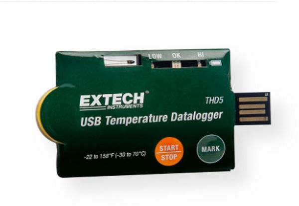 Extech THD5 USB Temperature Datalogger (Pack of 10), Portable, One-Time Use Temperature Dataloggers with a USB Connector; Convenient credit card-sized housing with USB 2.0 connector and NTC thermistor for one-time use in datalogging accurate temperature measurements; User programmable settings: language, sample rate, start delay time, alarm delay time, high/low alarm range, and security feature; UPC: 793950450055 (EXTECHTHD5 EXTECHTHD5 TEMPERATURE DATALOGGER)