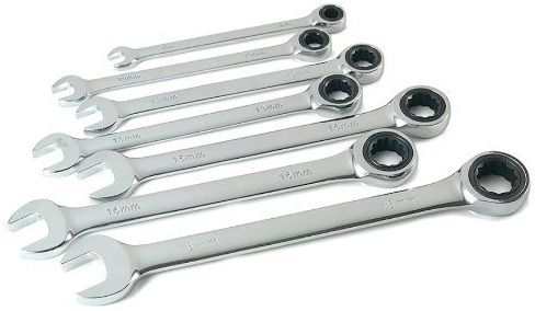 Titan 17351 Ratcheting Metric Combination Wrench Set, 7-Piece; 72 fine-tooth ratchet design for fast performance; Less than 5 degree sweep for use in tight spots; Chrome vanadium steel; Re-usable storage rack (TITAN17351) 