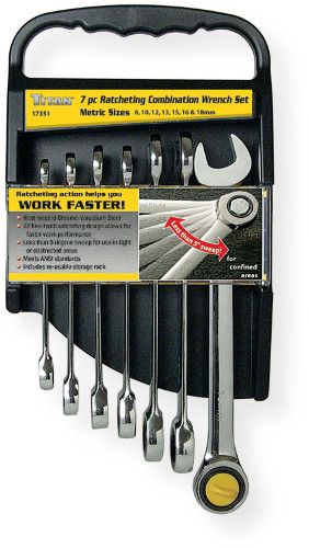 Titan Tools Model 17351 Titan - 7 Piece Metric Ratchet Combo Wrench Set; In Sizes: 8.0, 10.0, 12.0, 13.0, 15.0, 16.0 and 18.0 mm; UPC 802090173516 (17351 7 PIECE METRIC RATCHET COMBO WRENCH SET TITAN TOOLS TITANTOOLS-17351 TITANTOOLS17351)