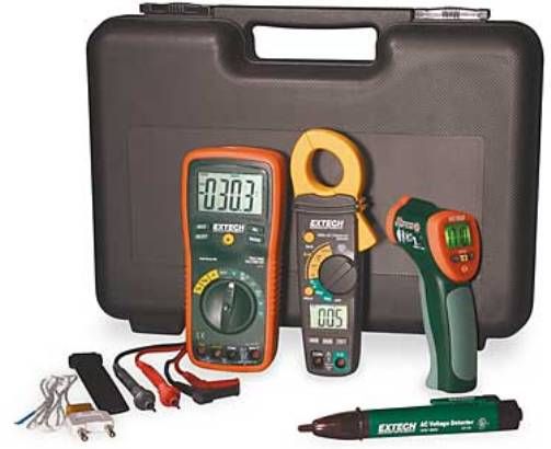 Extech TK430-IR Industrial Troubleshooting Kit, Includes EX430 True RMS autoranging digital multimeter, MA200 400A clamp meter, 42510 Mini InfraRed Thermometer, 40130 Non-Contact voltage detector, set of CAT III-1000V test leads,Type K thermocouple bead probe, Type K to Banana Input Adaptor, multimeter hanging strap and batteries, UPC 793950380444 (TK430IR TK430 IR TK-430 TK-430-IR)