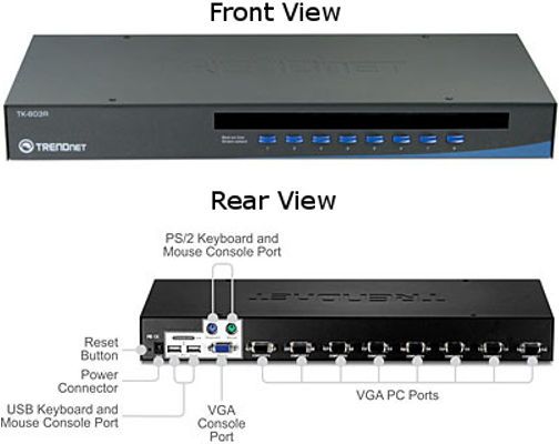 TRENDnet TK-803R Eight-Port Rack Mount USB KVM Switch, Supports both USB and PS/2 Interface for console port, Supports Microsoft IntelliMouse, IntelliMouse Explorer, Logitech NetMouse, Optical Mouse, and more, Supports Windows 98SE/ME/ 2000/XP/2003 Server, Linux, Mac OS and more, High video quality up to 2048 x 1536 VGA resolution, Hot-Key or push button switching, Plug & Play and Hot-Pluggable (TK 803R TK803R TK-803R)