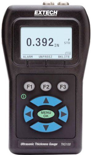 Extech TKG100 Digital Ultrasonic Thickness Gauge, Compact Rugged Meter for Non-Destructive Thickness Measurements; Wide measurement range: 5MHz probe: 0.040 to 20 in. of steel, 10MHz probe: 0.030 to 2 in. of steel (optional); Sunlight readable dot-matrix display with backlight; Multiple transducer options for high temperature and difficult to measure materials; UPC: 793950151006 (EXTECHTKG100 EXTECH TKG100 ULTRASONIC THICKNESS)