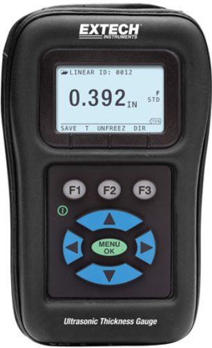 Extech TKG150 Digital Ultrasonic Thickness Gauge/Datalogger, Compact Rugged Meter for Non-Destructive Thickness Measurements; Wide measurement range: 5MHz probe: 0.040 to 20 in. of steel, 10MHz probe: 0.020 to 20 in. of steel (optional); Sunlight readable dot-matrix display with backlight; 100K internal datalogger with export to Excel; Echo to Echo option to reduce coating errors; UPC: 793950151501 (EXTECHTKG150 EXTECH TKG150 ULTRASONIC THICKNESS)