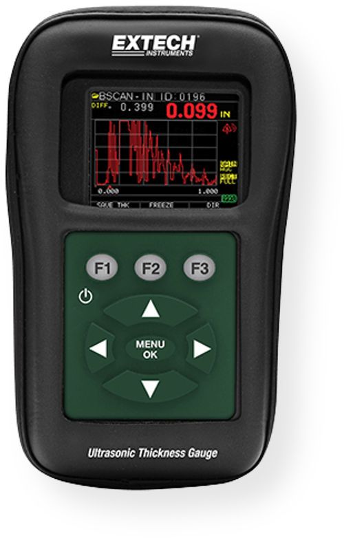 Extech TKG250 Digital Ultrasonic Thickness Gauge/Datalogger with Color Waveform, Compact Rugged Meter for Non-Destructive Thickness Measurements; Wide measurement range: 5MHz probe: 0.040 to 20 in. of steel, 10MHz probe: 0.020 to 20 in.of steel (optional); Color LCD display with red, yellow and green visual alarm indication; 100K internal datalogger with export to Excel; UPC: 793950152508 (EXTECHTKG250 EXTECH TKG250 ULTRASONIC THICKNESS)